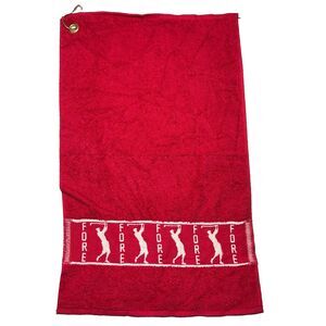 VTG Stevens Red Golf Bag Towel W/ Clip Woven Fore Golfer Pattern Trifold 16x26”